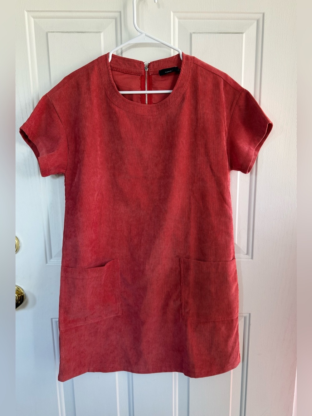 VICI Coral SIZE SMALL, Corduroy Shift Dress Short Sleeve Pocket Mini Dress - Picture 3 of 12